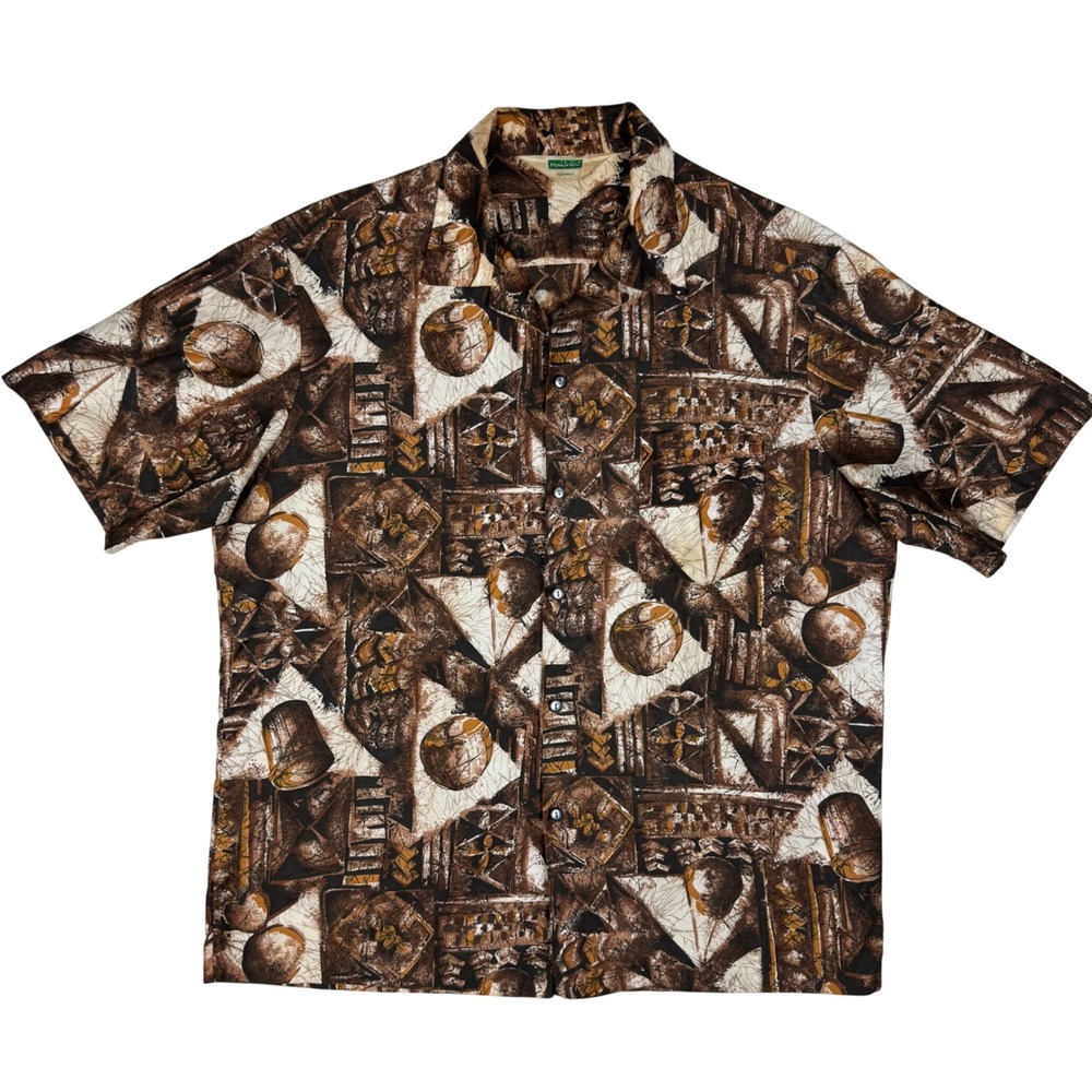 Vintage Malihini Hawaii Aloha Shirt Abstract Polynesian Tribal Brown 60s 70s - Picture 2 of 9